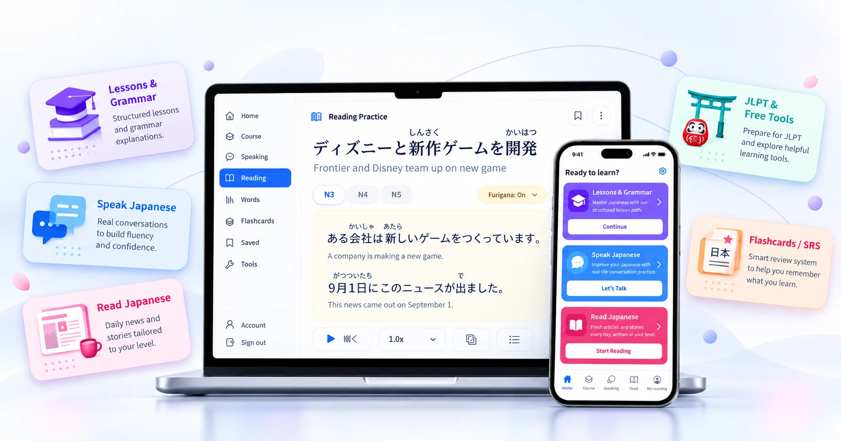 Benkyou Mashou on a laptop and a phone, with its five areas: lessons and grammar, speaking practice, graded reading, JLPT and free tools, and SRS flashcards